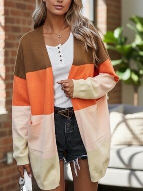 NEW•XL-2X Creme De La Creme Cocoa Latte ColorBlock Cardigan Sweater With Pockets